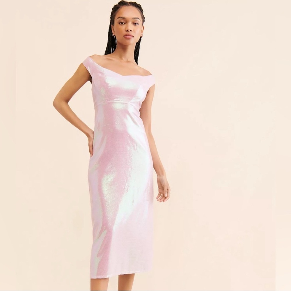 Anthropologie Let Me Be off the shoulder sequin Shimmering Pink Midi Dress